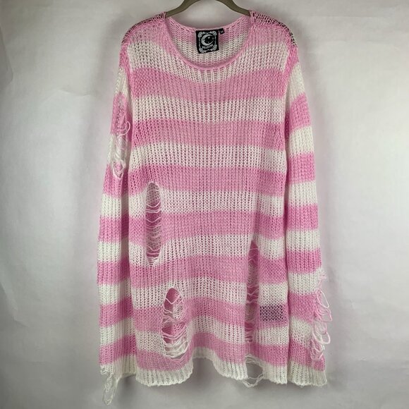 KILLSTAR Knit Mesh Sweater Pullover Medium Pink White Goth Distressed Grunge Emo - Picture 1 of 14